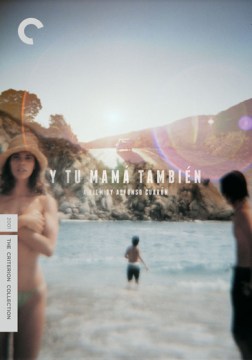 Y Tu Mama Tambien box cover featuring shirtless woman and two shirtless men in the ocean