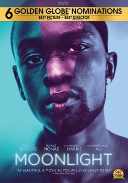 Moonlight box cover featuring a moody headshot of a young Black man