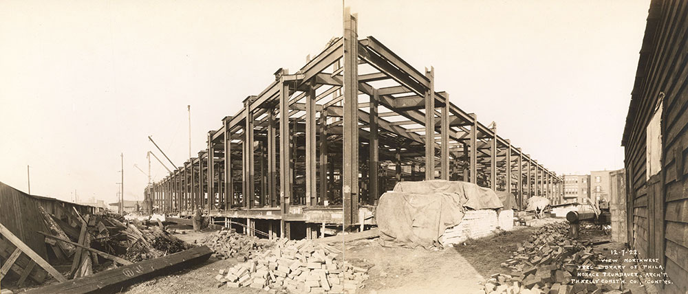 Construction of the steel frame of the Central Library of the Free Library of Philadelphia. December 7. 1922