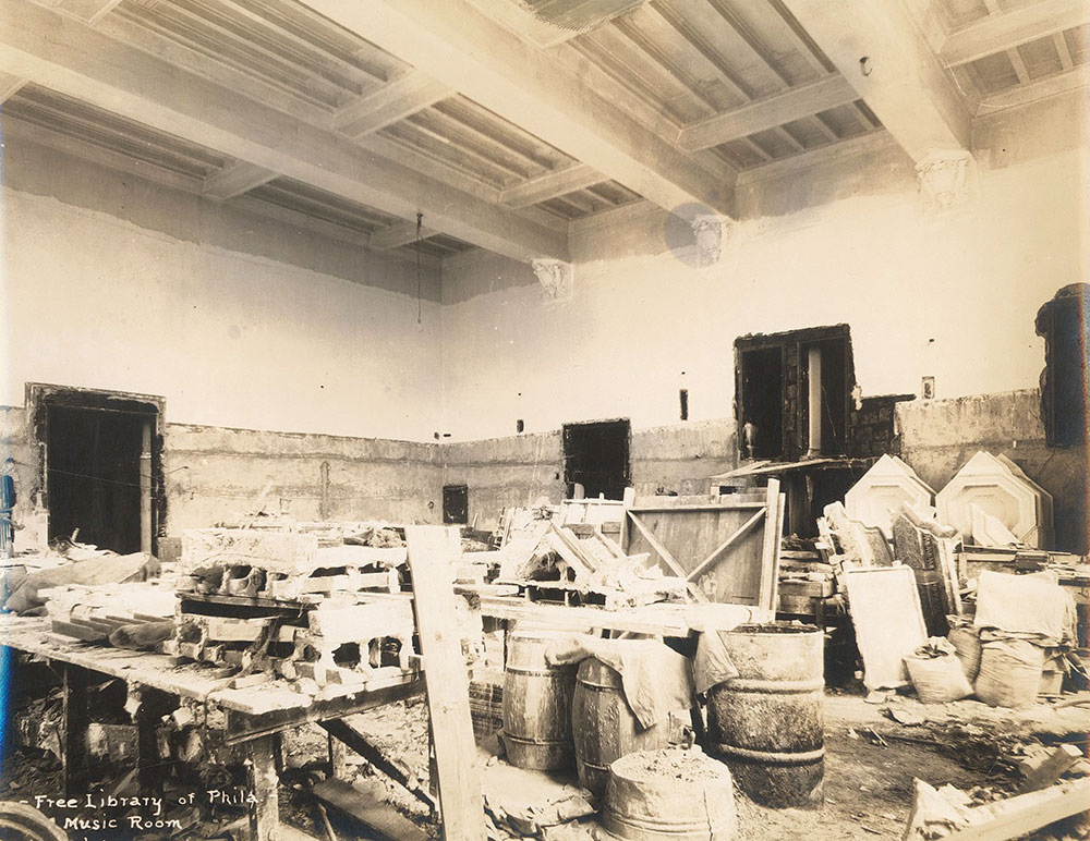 Construction in the Music Room of the Central Library of the Free Library of Philadelphia, now the Education, Philosophy, and Religion Department, June 23, 1926.