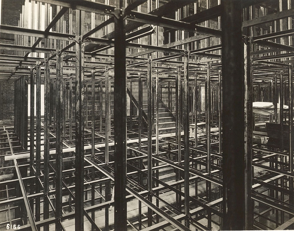 Bookstacks during construction of the Central Library of the Free Library of Philadelphia, 1926.