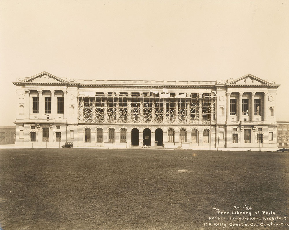 Exterior of the Central Library of the Free Library of Philadelphia, at the stage of carving the architectural ornamentation, March 1, 1924.