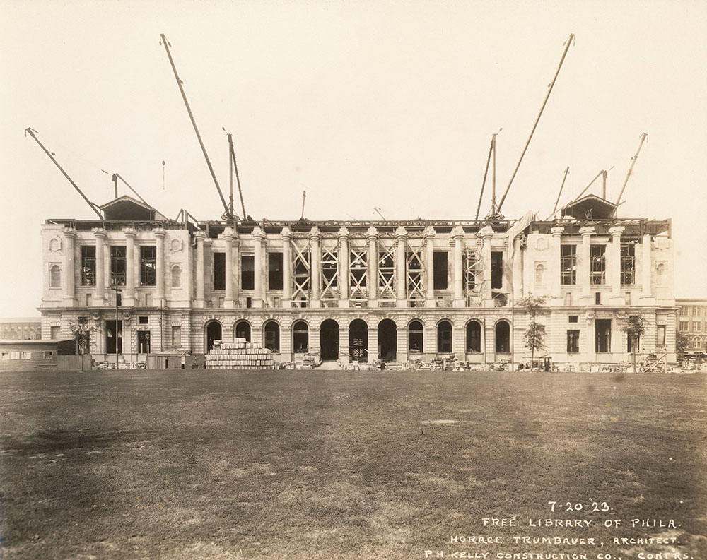 Nearing completion of the limestone exterior of the Central Library of the Free Library of Philadelphia, July 20, 1923.