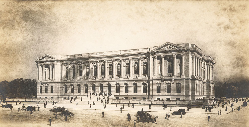 Perspective drawing by Jules Guerin of the Central Library of the Free Library of Philadelphia from the southeast, 1912