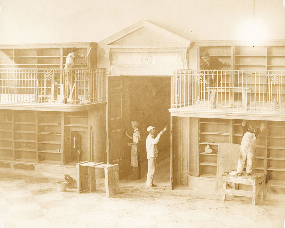 Putting the finishing touches on the Music Room of the Central Library of the Free Library of Philadelphia, now the Education, Philosophy, and Religion Department, late 1926