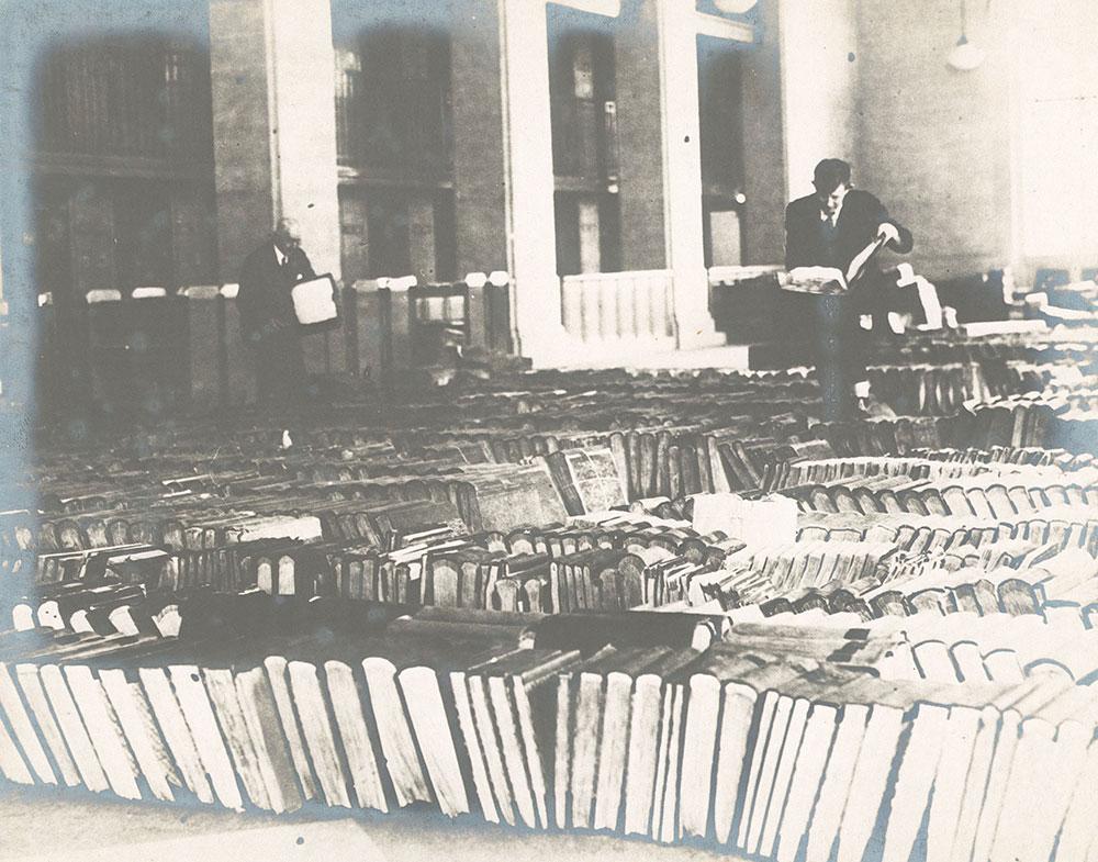 Sorting books in the Periodical Room during the move into the new Central Library of the Free Library of Philadelphia, January 1927