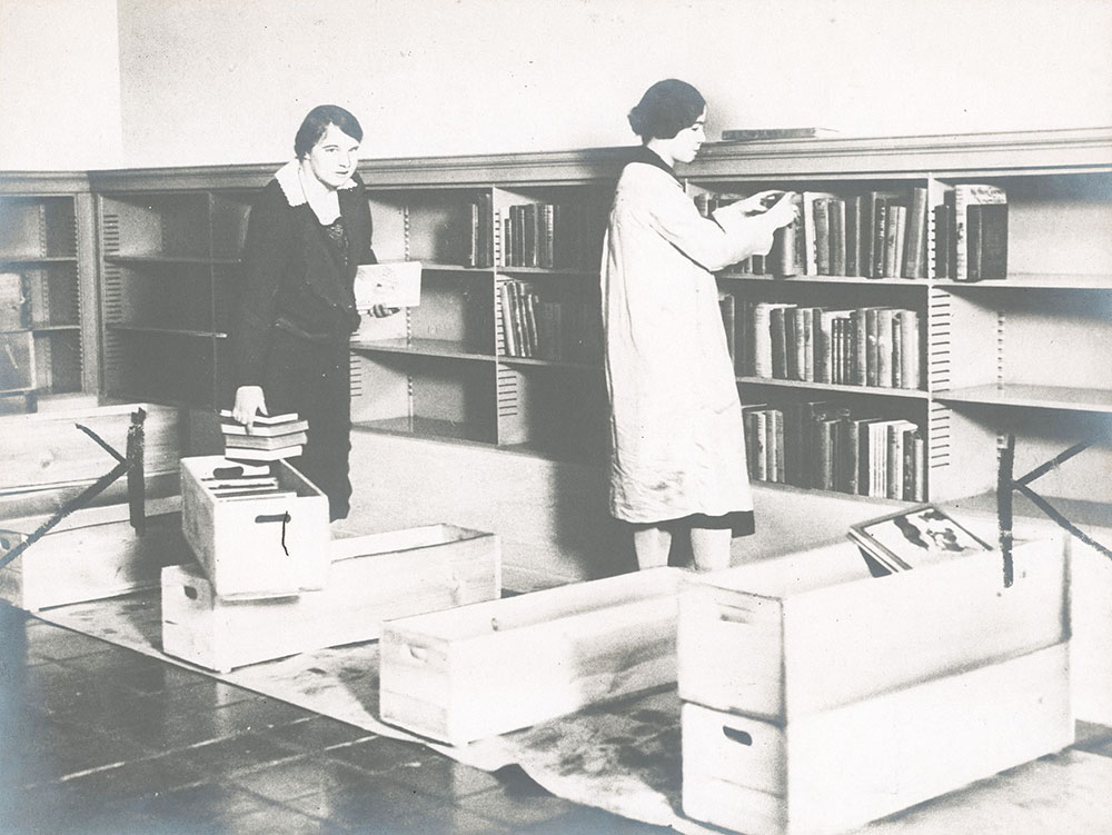 Moving books into the Children's Room in the new Central Library of the Free Library of Philadelphia, January 1927