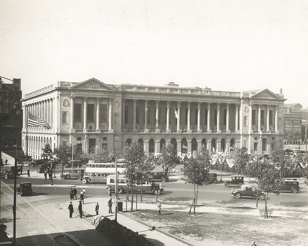 Central Library of the Free Library of Philadelphia, looking northeast across Fairmount Parkway at Logan Circle from 20th Street, on opening day, June 2, 1927