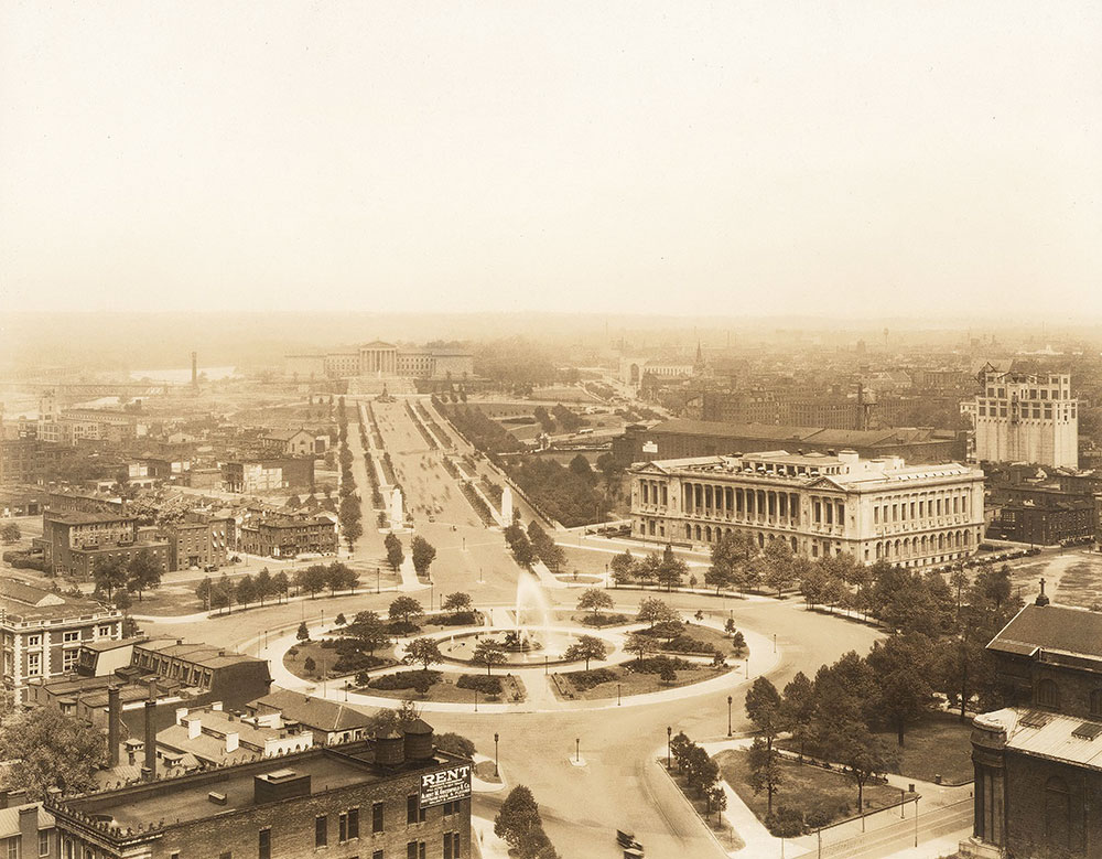 Aerial view of Logan Circle, the Central Library of the Free Library of Philadelphia, Parkway, and Art Museum, looking to the northwest, ca. 1929