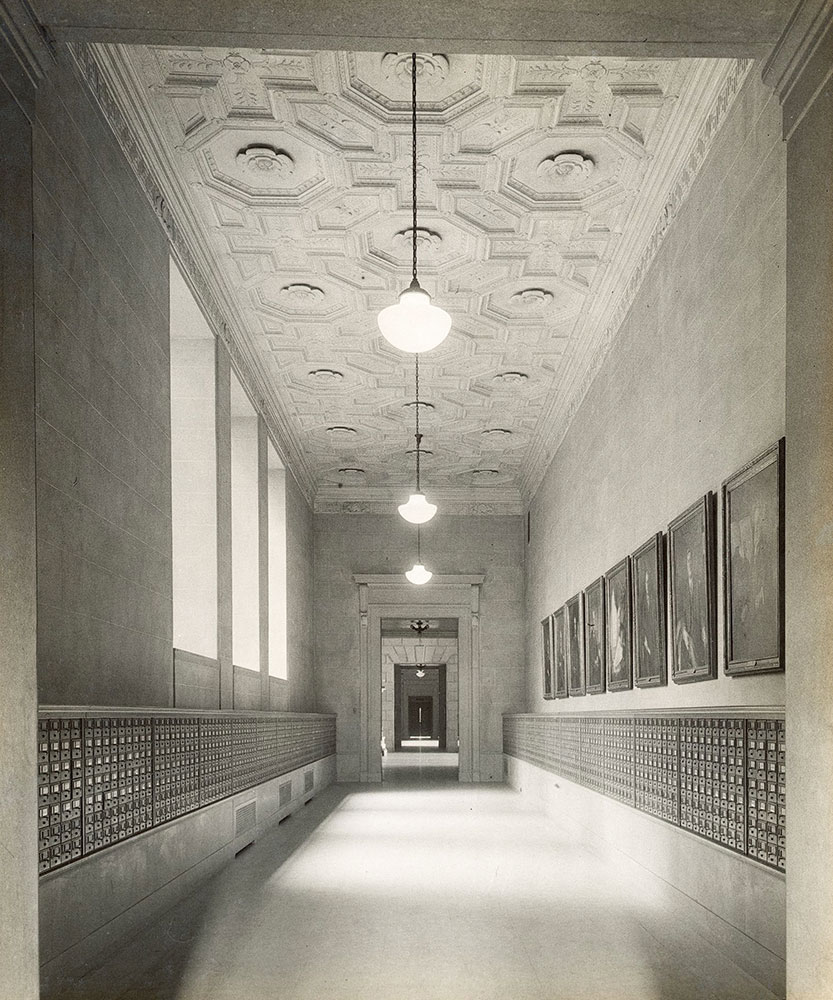 West hallway, second floor in the Central Library of the Free Library of Philadelphia