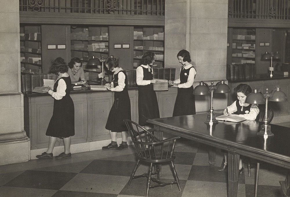 Hallahan Catholic Girls High School students using the Periodical Room in the new Central Library of the Free Library of Philadelphia