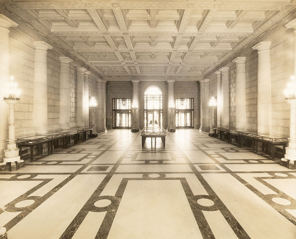 Main Entrance Hall of the Central Library of the Free Library of Philadelphia looking toward the doorway on Vine Street