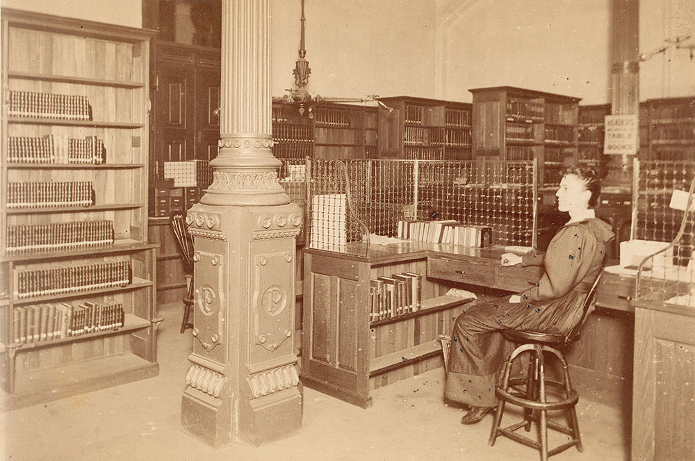 Librarian Helen Sartain at the Free Library of Philadelphia at City Hall, 1894