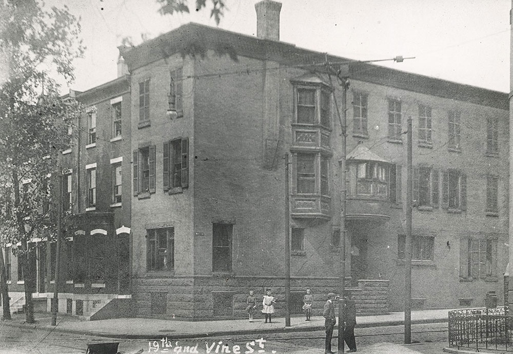 Site of the Central Library of the Free Library of Philadelphia at the corner of 19th and Vine Streets prior to the demolition of extant buildings, 1909
