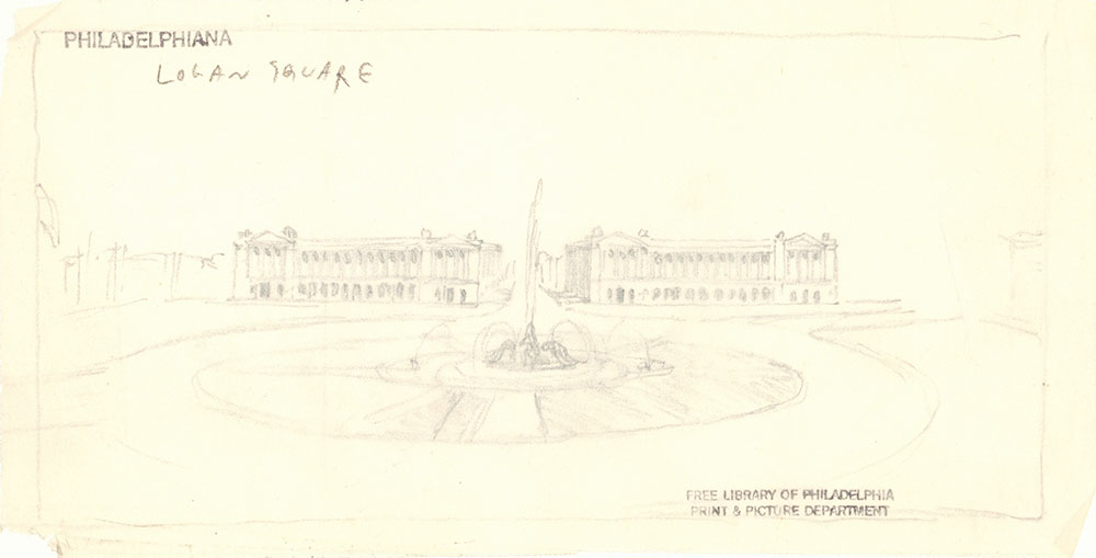 Sketch of Logan Square with fountain and the Central Library of the Free Library of Philadelphia and the Municipal Court Building