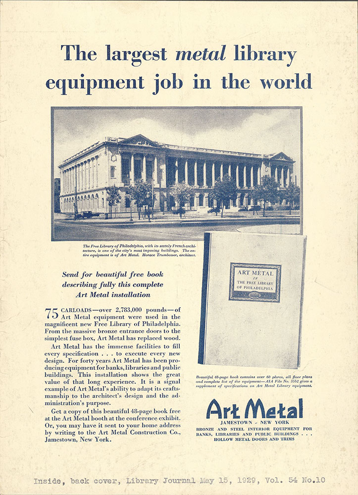 Art Metal advertisement featuring the Central Library of the Free Library of Philadelphia
