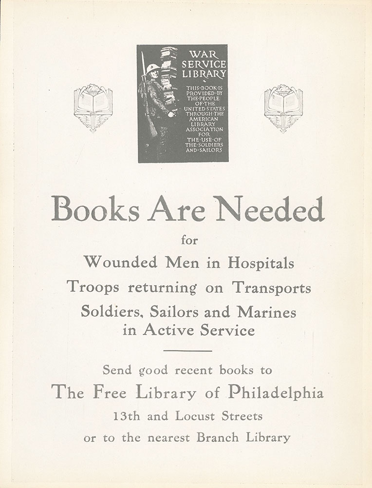 Free Library of Philadelphia sign soliciting books for soldiers during World War I