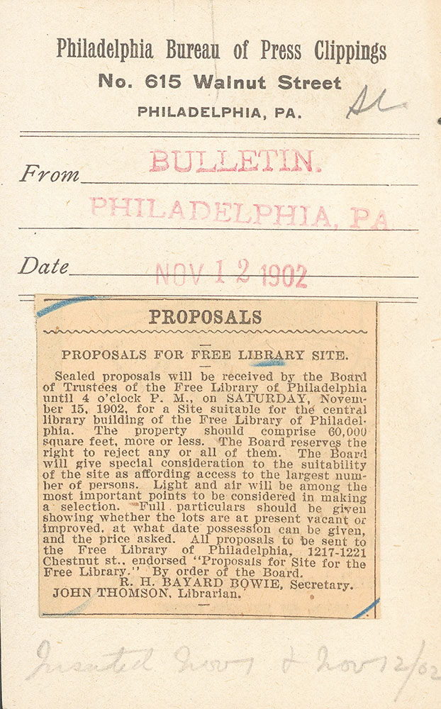 Advertisement soliciting proposals for site of the Central Library of the Free Library of Philadelphia