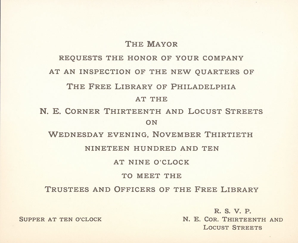 Invitation to a preview of the Free Library of Philadelphia at 13th and Locust Streets, November 30, 1910