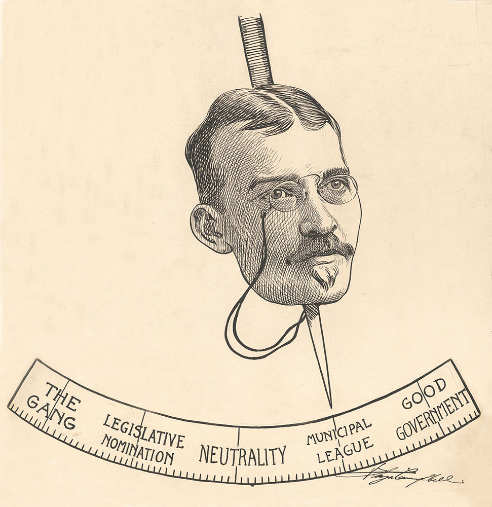 Caricature of Clinton Rogers Woodruff, chair of Main Library Site and Building Committee, 1911-1927