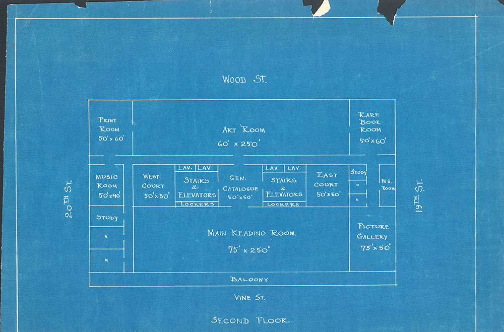 Early blueprint of the floor plans of the Central Library of the Free Library of Philadelphia