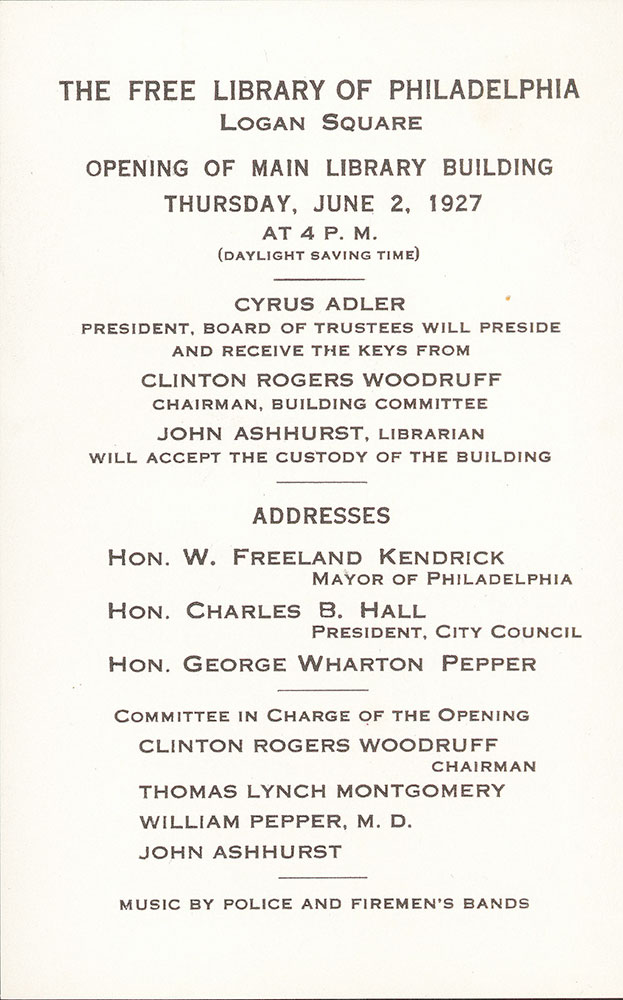 Announcement card for the opening ceremony of the Central Library of the Free Library of Philadelphia, June 2, 1927