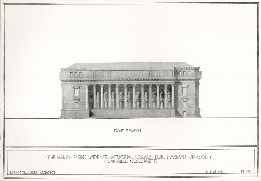Front elevation, the Harry Elkins Widener Memorial Library for Harvard University, Cambridge, Massachusetts