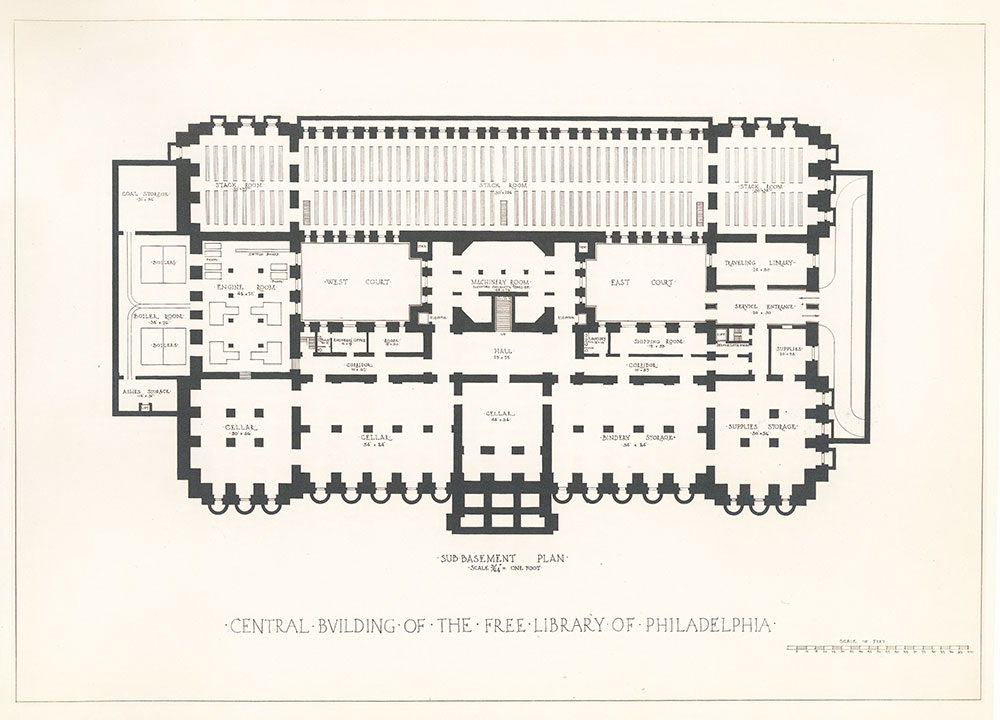 Plan of the sub-basement of the Central Library of the Free Library of Philadelphia, late 1911 version