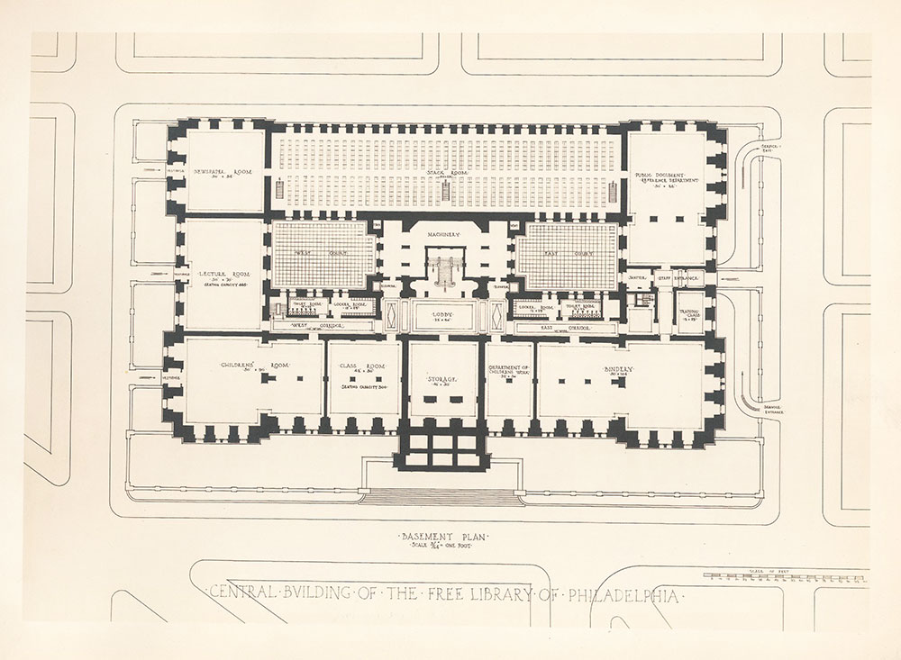 Plan of the basement floor of the Central Library of the Free Library of Philadelphia, late 1911 version.