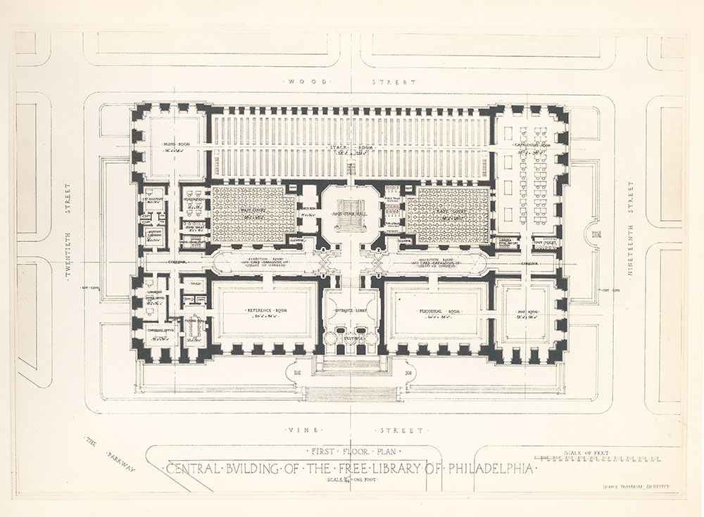 Plan of the first floor of the Central Library of the Free Library of Philadelphia, late 1911 version