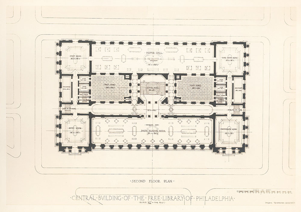Plan of the second floor of the Central Library of the Free Library of Philadelphia, late 1911 version