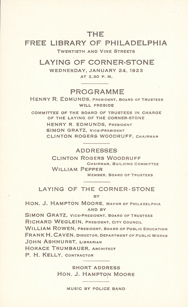 Programme for the cornerstone laying ceremony for the Central Library of the Free Library of Philadelphia, January 24, 1923