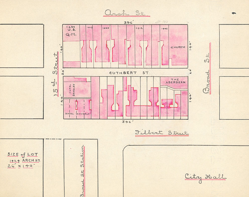 Proposed site for a new Central Library of the Free Library of Philadelphia at the corner of City Hall, bounded by Broad and 15th Streets on the east and west and Arch and Filbert Streets on the north and south, 1902