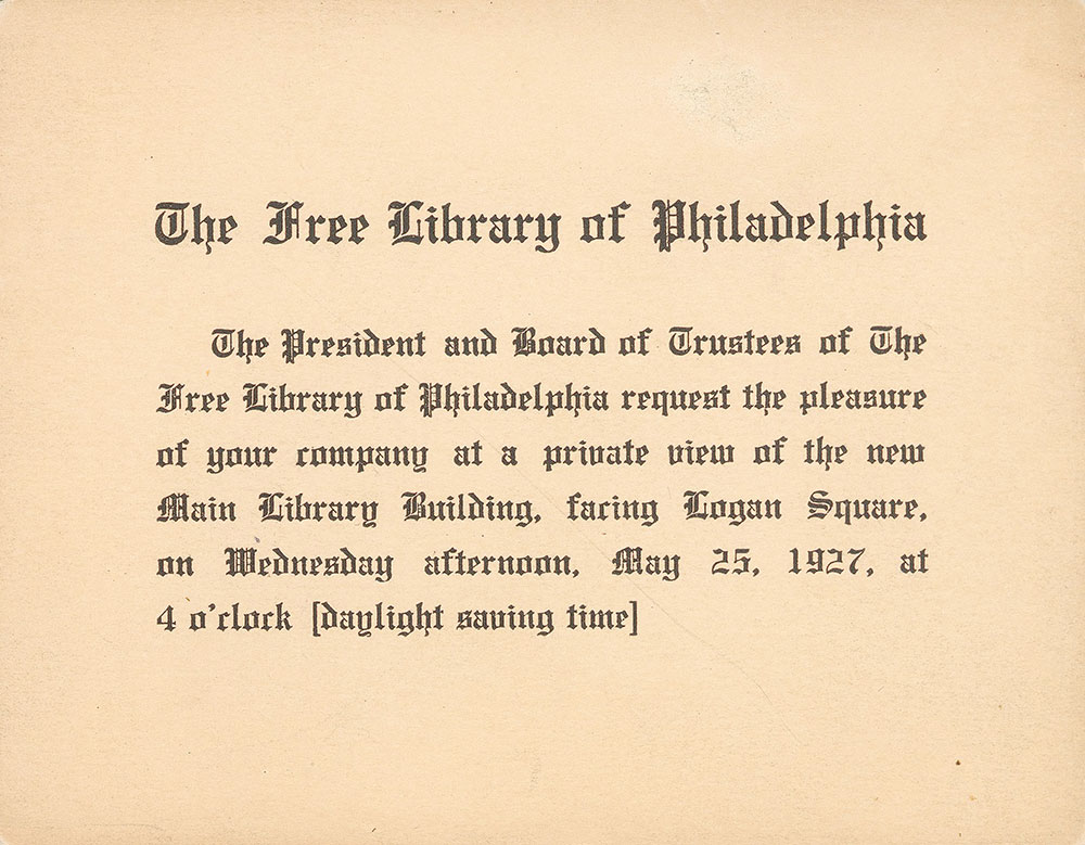 Invitation to a preview tour of the Central Library of the Free Library of Philadelphia, May 25, 1927