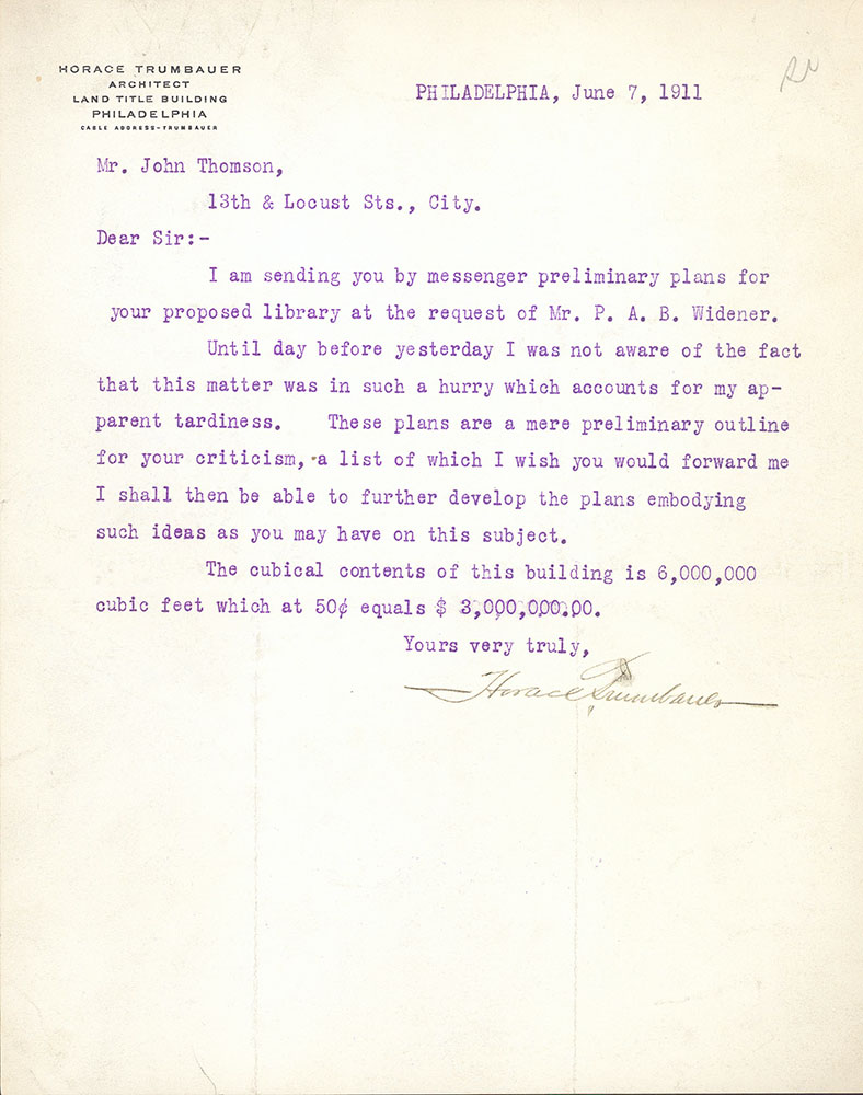 Letter from Horace Trumbauer to John Thomson presenting the first plans for the Central Library of the Free Library of Philadelphia, June 7, 1911