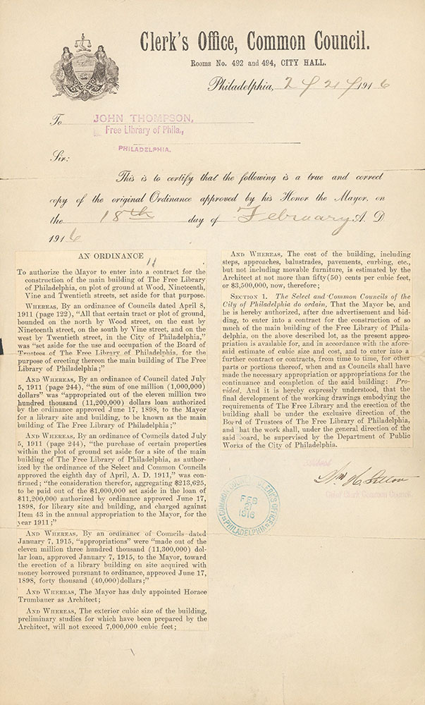 Ordinance of February 18, 1916 addressed to John Thomson, authorizing the mayor to enter into a contract for the construction of the Central Library of the Free Library of Philadelphia