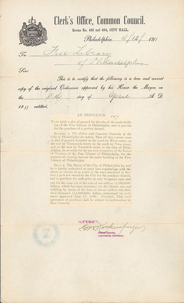 Ordinance of April 8, 1911, setting aside the site for the Central Library of the Free Library of Philadelphia on Vine Street between 19th and 20th Streets