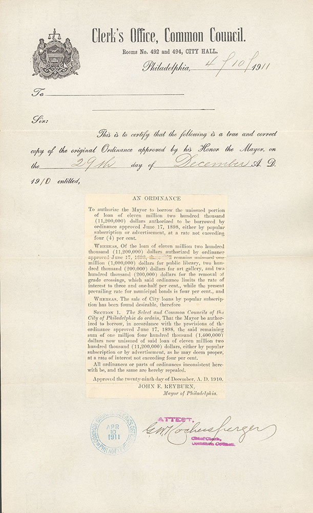 Ordinance of December 29, 1910 authorizing the Mayor of Philadelphia to borrow one million dollars for the building of the Central Library of the Free Library of Philadelphia