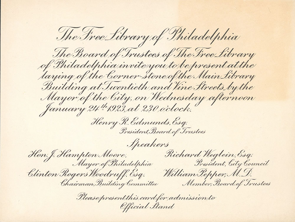 Invitation to the cornerstone laying ceremony for the Central Library of the Free Library of Philadelphia, January 24, 1923