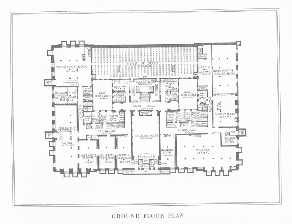 Ground floor plan, steel-frame version of the Central Library of the Free Library of Philadelphia, 1922