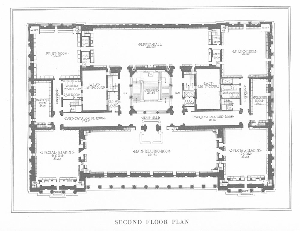 Second floor plan, steel-frame version of the Central Library of the Free Library of Philadelphia, 1922