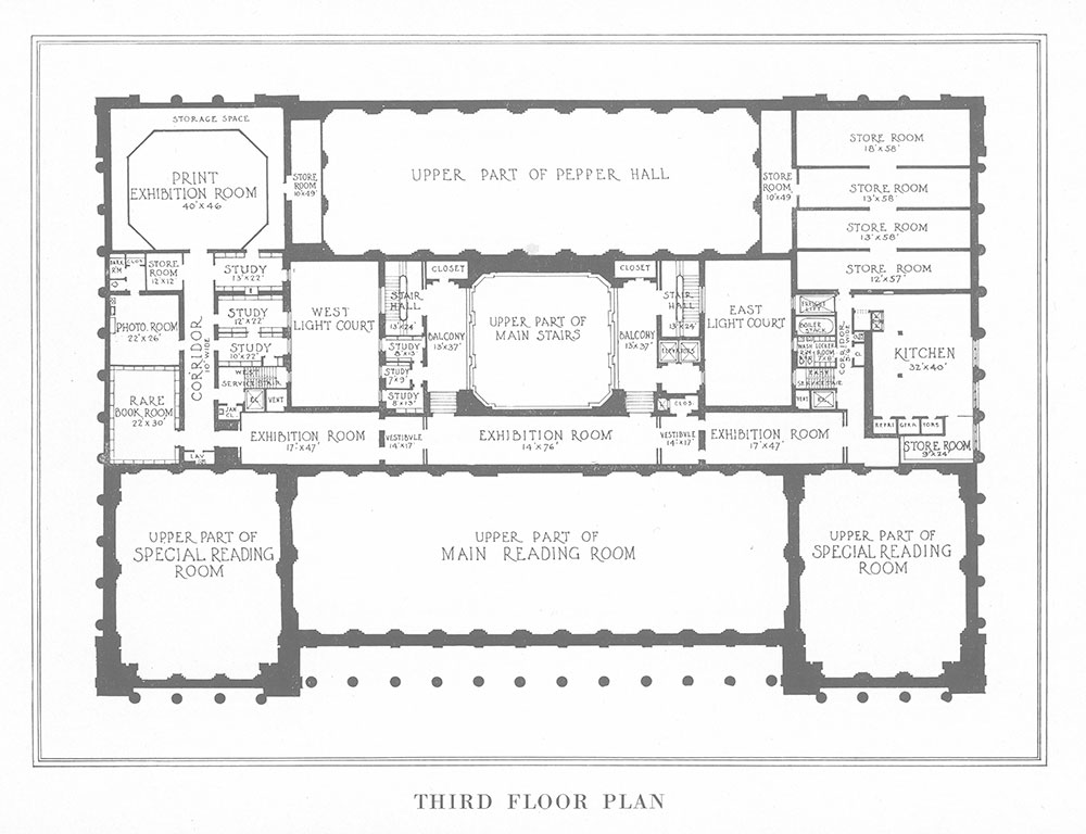 Third floor plan, steel-frame version of the Central Library of the Free Library of Philadelphia, 1922