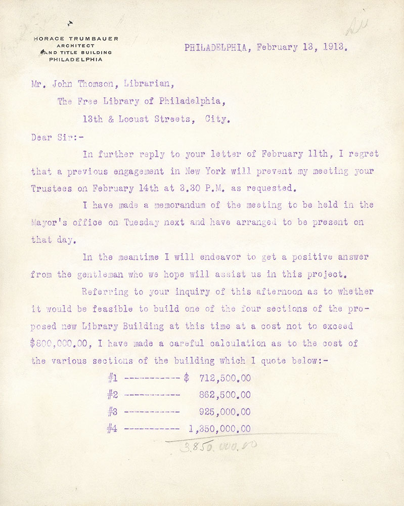 Letter from Horace Trumbauer to John Thomson about beginning construction of one of the four sections of the Central Library of the Free Library of Philadelphia