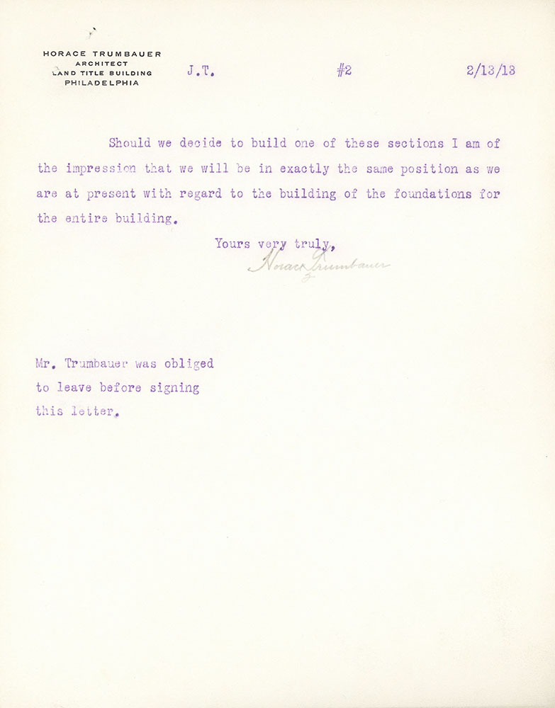 Letter from Horace Trumbauer to John Thomson about beginning construction of one of the four sections of the Central Library of the Free Library of Philadelphia 
