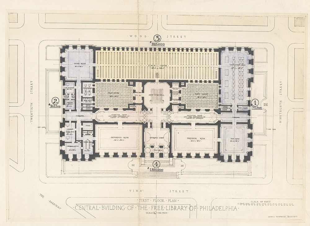 First floor plan, Central Building of the Free Library of Philadelphia : colored, in four sections, documenting the funding problems surrounding the 1898 loan