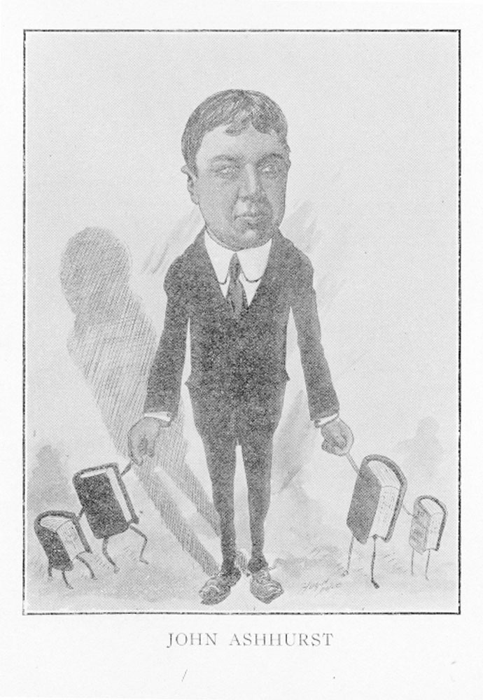 Caricature of John Ashhurst, assistant librarian at the Free Library of Philadelphia, by Hugh Doyle, c. 1902