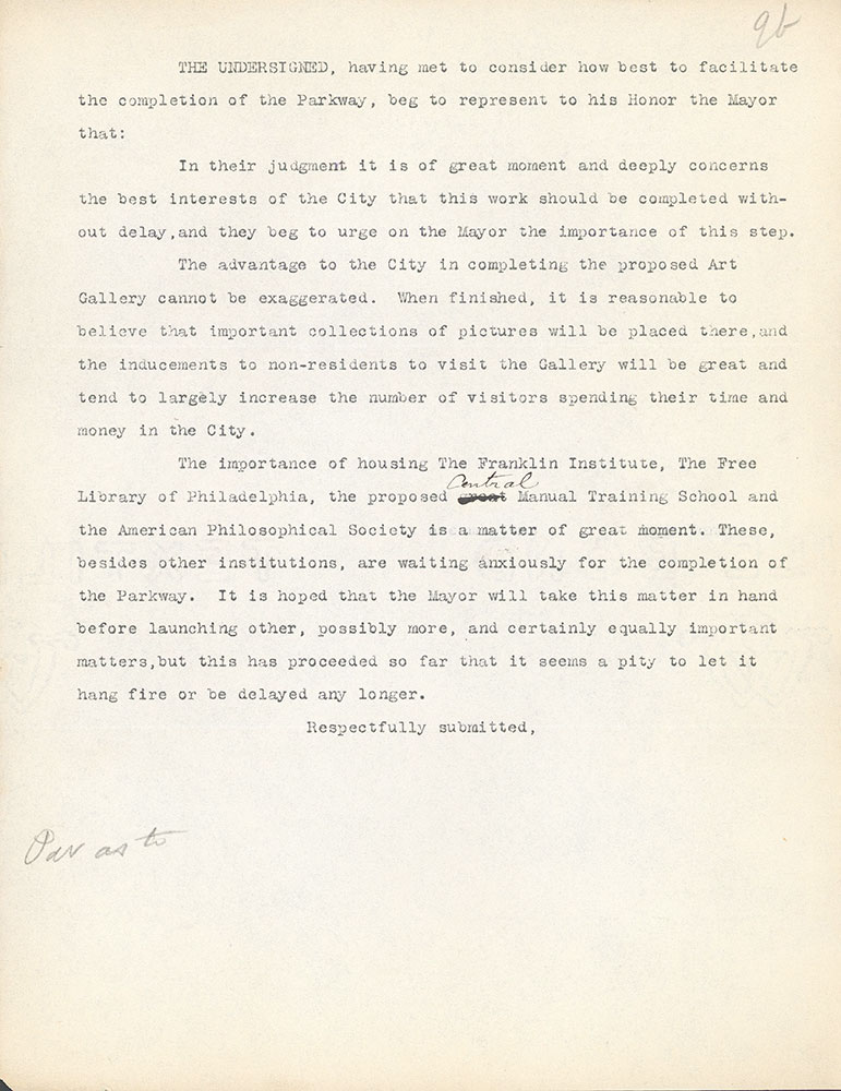 Undated draft of the Parkway Memorial letter. The final version, dated February 9, 1912, was presented to Mayor Blankenburg by Librarian John Thomson and Board of Trustees President Henry R. Edmunds on February 14, 1912