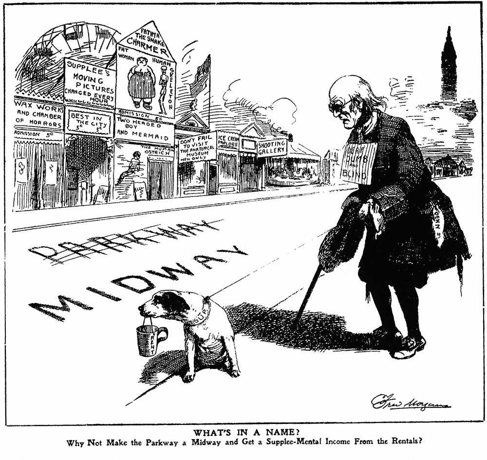 What's in a name? Why not make the Parkway a Midway and get a Supplee-mental income from the rentals?: cartoon from Philadelphia inquirer, Feb. 5, 1912