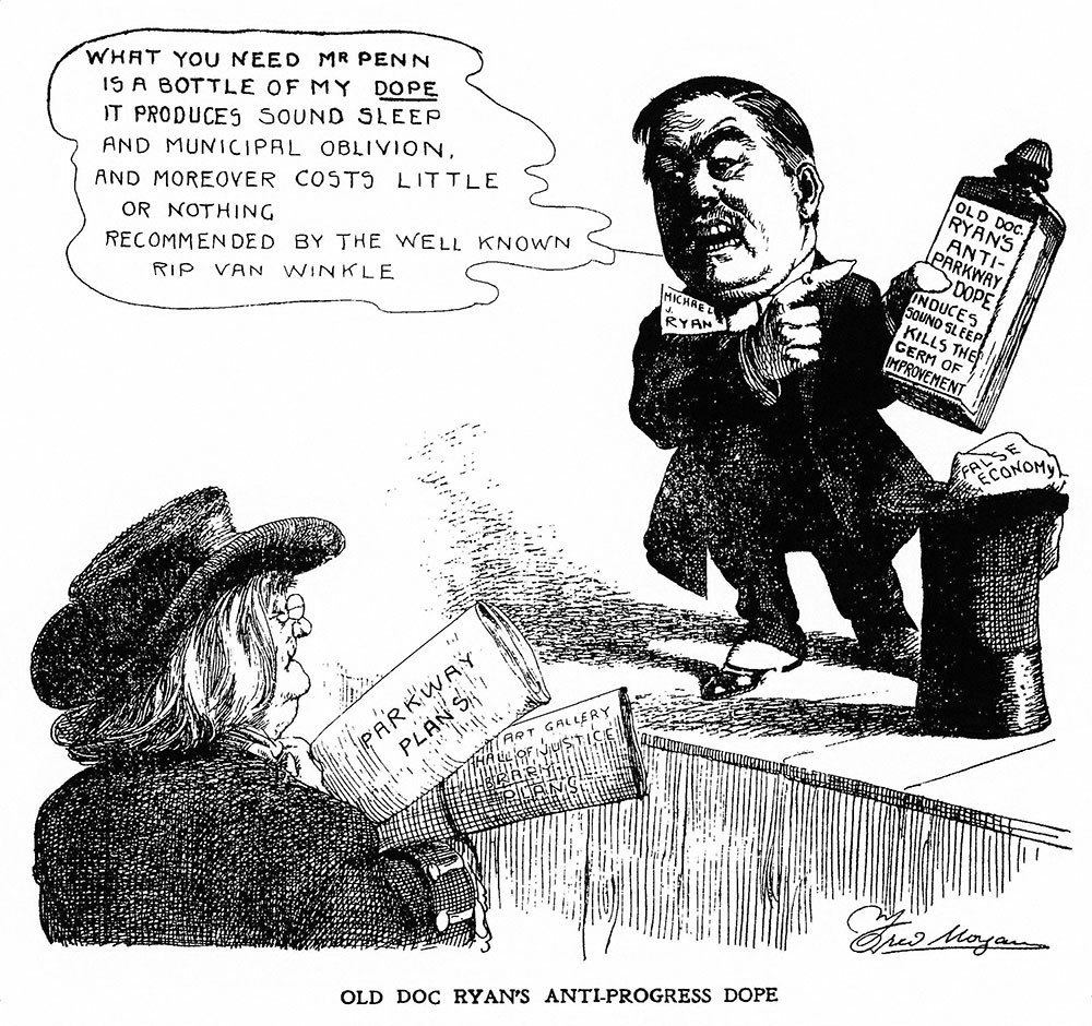 Old Doc Ryan's anti-Parkway dope: cartoon from Philadelphia inquirer, Feb. 20, 1912