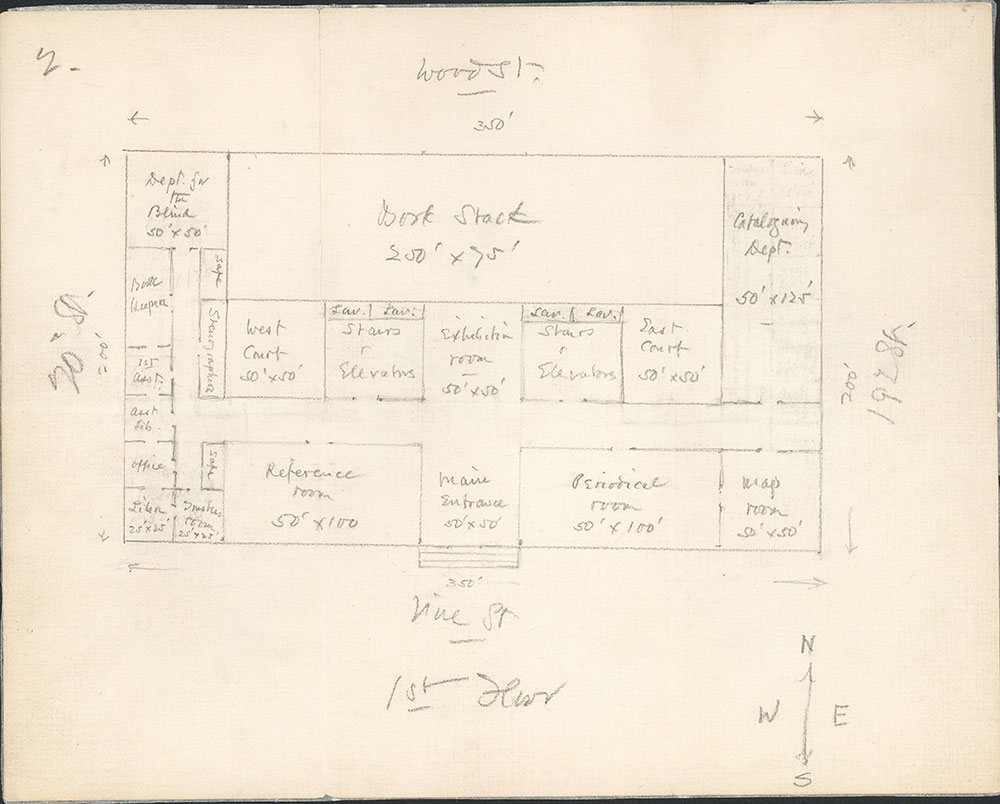 Plan of the first floor of Central Library of the Free Library of Philadelphia based on the ideas of John Ashhurst